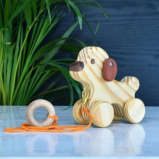 Handcrafted Wooden Bichon Dog Toy On Wheels